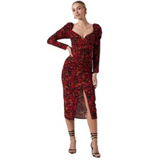 ASTR The Label Jamila Red Floral Puff Sleeve Ruched Bodycon Midi Dress M EUC