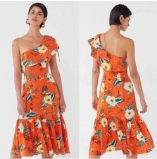Urban Outfitters Carmen Orange Floral One-Shoulder Midi Dress Size Large G23