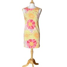 Talbots Cotton Yellow Pink Gray Floral Tropical Sleeveless Sheath Dress, Size 2P