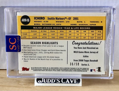 🚨RARE 2008 Topps Chrome ICHIRO SUZUKI 50th Anniv. #ARR-IS Swatch GU Jersey /50 - Picture 2 of 3