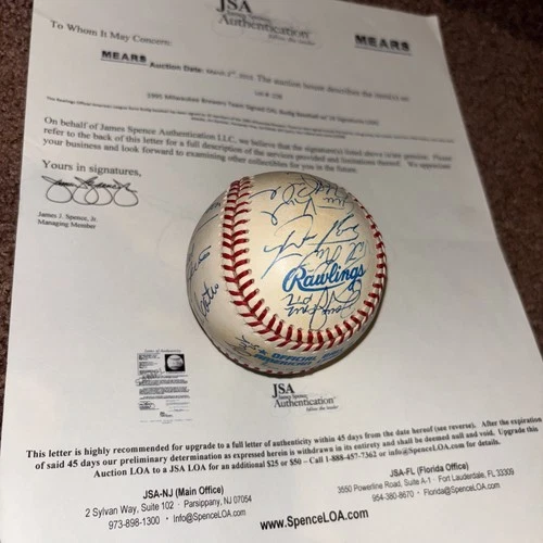 1995 Milwaukee Brewers Team Signed Baseball Jsa Ltr Garner Listach Jaha Plus