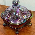 Vintage Fenton Purple Iridescent Carnival Glass Rose Footed Candy Dish