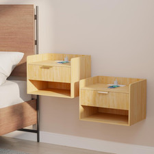 Modern Floating Nightstand Set of 2 with Charging Station - Light Brown