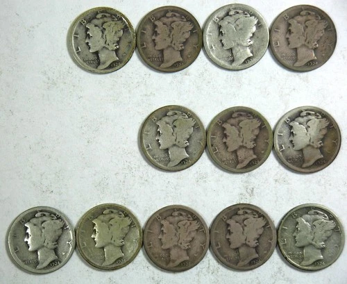 1924-P, 1924-D, 1924-S MERCURY DIME - TEN CENTS - LOT OF 12 - SILVER