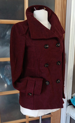 NWT Peacoat Coat Thread & Supply Wool Burgandy Double Breasted Womens Sz S NEW