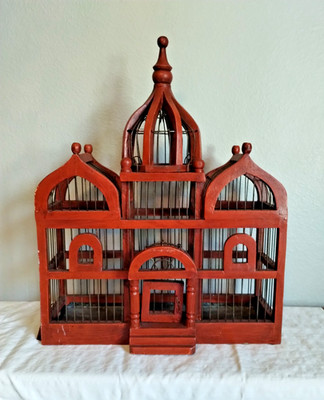 Vintage French Victorian Domed Bird Cage Taj Mahal Style Wood Wire 