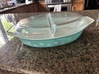 Vintage Pyrex Oval Divide 1  1/2 Qt Turquoise Snow Flake Casserole Glass W/ Lid