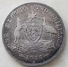 1915 H AUSTRALIA ONE FLORIN 2 SHILLINGS SILVER COIN KING GEORGE V COAT OF ARMS