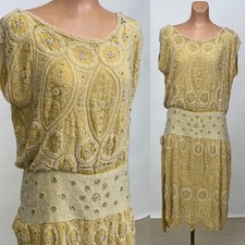 Antique 1920s Butter Yellow Art Deco Beaded Flapper Dress Handkerchief Hem AS IS
