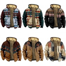 Men Women Folk Pattern Winter Fleece Lined Hoodie Sweater Zip Jacket Soft