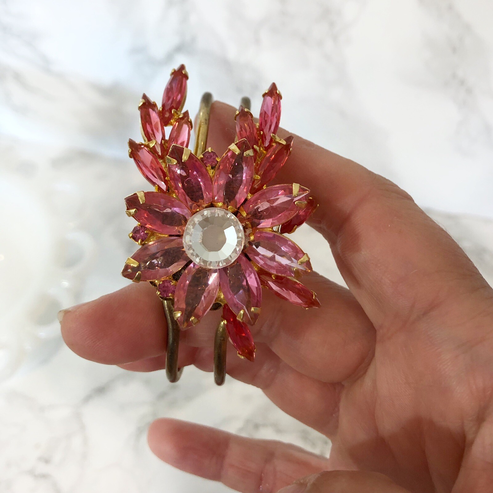 Floral Cuff Bracelet Spring Hinged Rhinestone Flo… - image 3