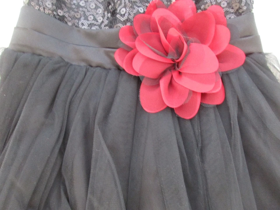 Falda de lentejuelas negras y tul línea A de ensueño para niñas con flor roja, talla US 5/6 Foto 4 de 4