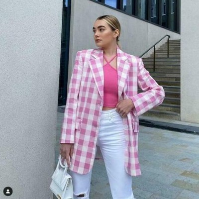 ZARA PINK \u0026 White Vichy Check Gingham Blazer Jacket with Wide Belt M BNWT  £49.90 - PicClick UK