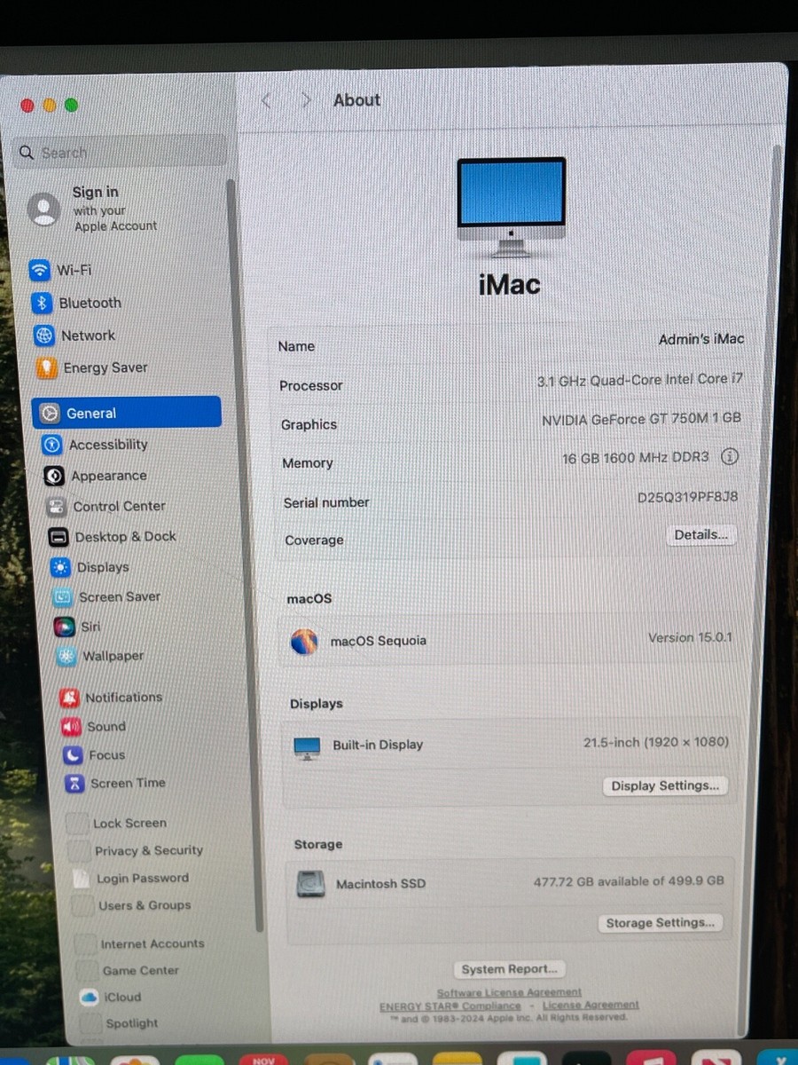 Macデスクトップ iMac 21.5\" Late 2013, SSD, macOS Sequoia Sequoia on a Late 2013 IMac : r/OpenCoreLegacyPatcher
