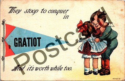 1914 ''They stoop to conquor in GRATIOT and it's worth while too'', Postcard jj071