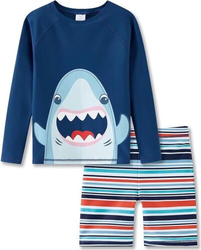 Boys Blue Striped Shark Rash Guard Swim Set Board Shorts Swim Trunks - 6-7