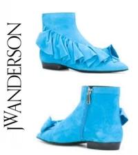 J.W. Anderson Ruffled Kid Suede Ankle Boots, Bright Aqua, Runway US 6/IT 36 $950