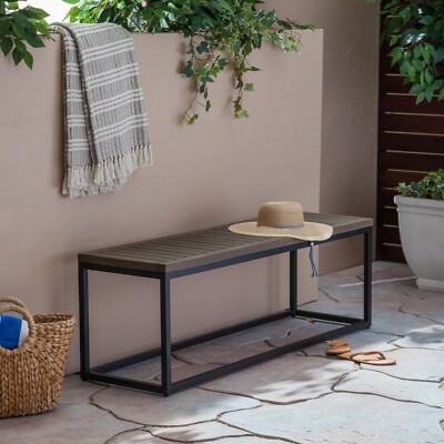 Drew Outdoor Industrial Acacia Wood and Iron Bench