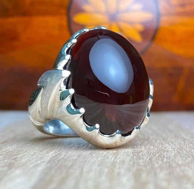 Yemeni Aqeeq Ring for Men Dark Red Agate Aqiq Akik 925 Sterling Silver Size  9 | eBay