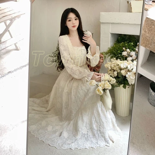 Women Fairy Elegant White Long Sleeve Dresses Lace Dress Vintage Square Collar - Bild 5 von 12