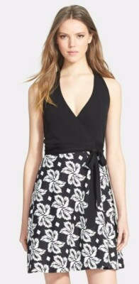 dvf amelia halter dress $468 Diane Von Furstenberg DVF Amelia Black Giant Leaf Floral Halter Wrap  Dress