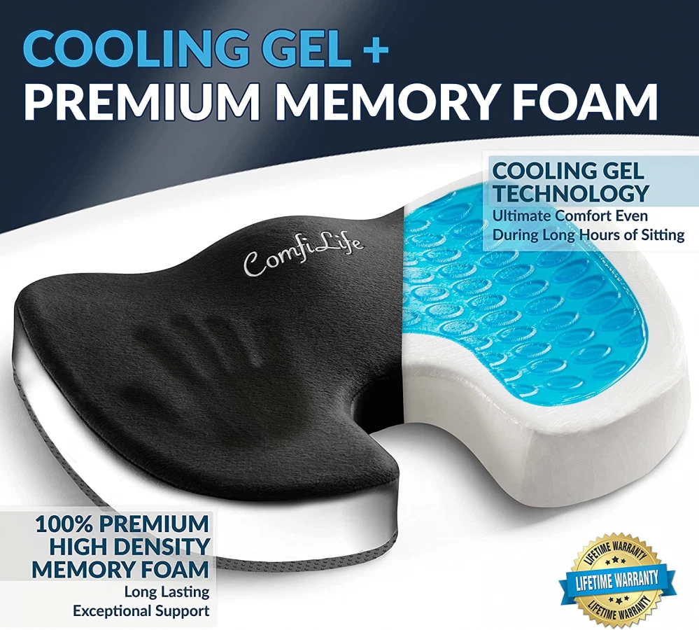 Comfilife Gel Seat Cushion, Non Slip & Memory Foam for Back Pain Relief -Open