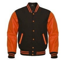Men's Varsity Letterman Baseball Black Wool & Pure Orange Leather Sleeves Jacket