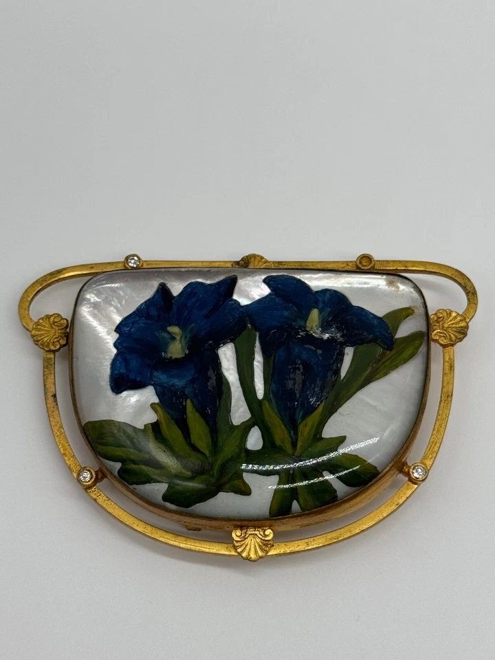 Antiguo Turriet & Bardach Austria Reverso Vidrio Pintado Flor Cinturón Hebilla Foto 3 de 4