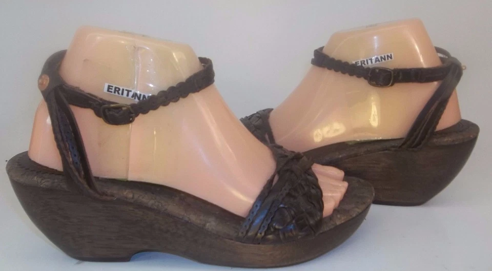 Sandalias Gap Wos Cuñas EE. UU. 8 Cuero Marrón Tejido Hebilla Correa al Tobillo Punta Abierta 4557 Foto 4 de 4