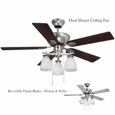 Ceiling Fan 42 Dual Mount 3 Light 5 Reversible Blades White Or