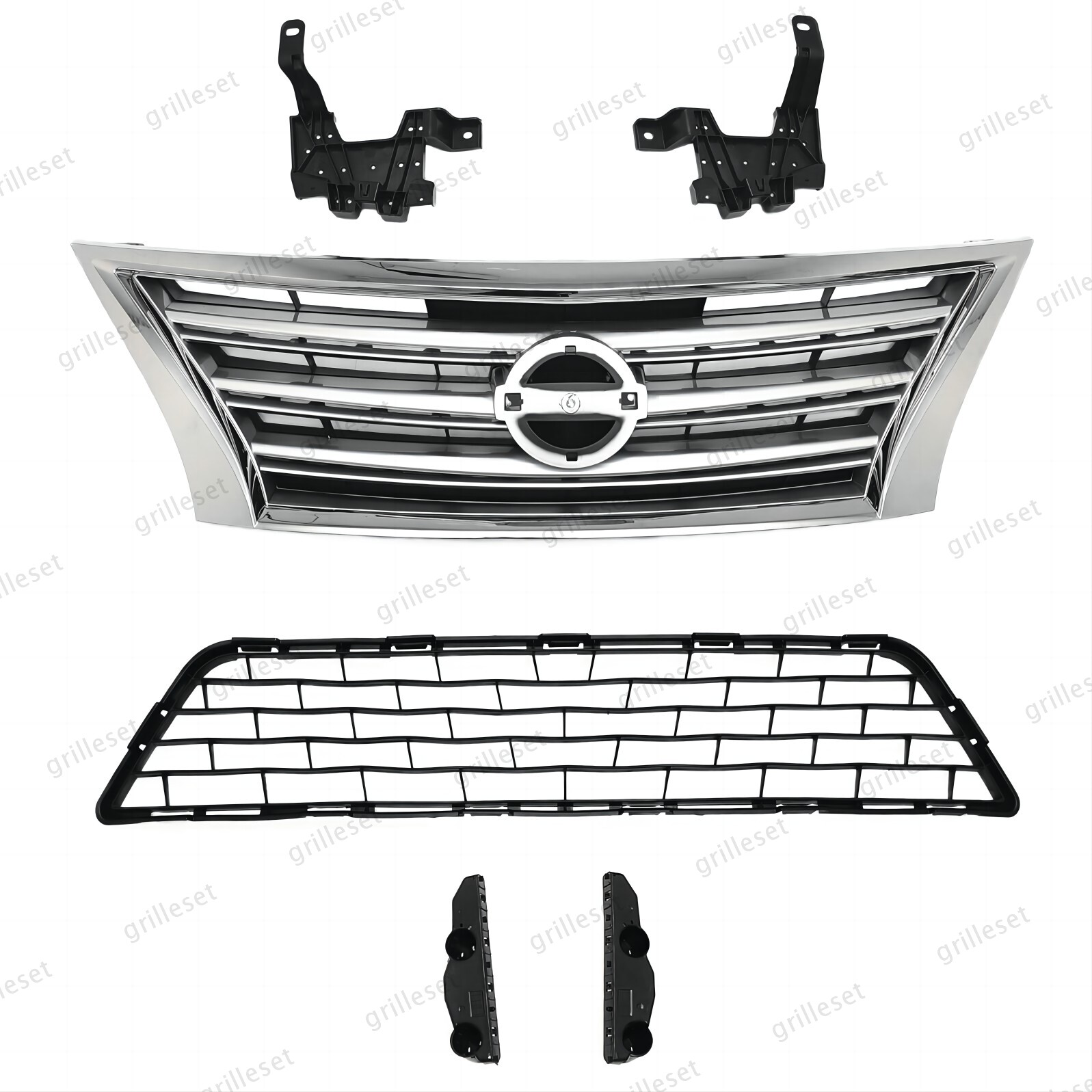 For Sentra 2013-2015 6PCS Upper/Lower Chrome Grille with Bumper Retainer Bracket