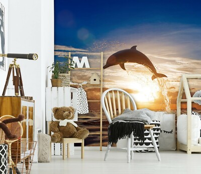 3D Sun Dolphin ZHUA9499 Wallpaper Wall Murals Removable Self-adhesive Amy