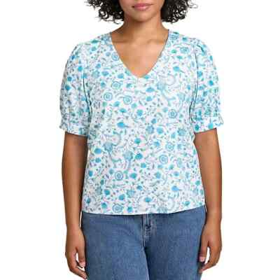 Draper James Ladies V-Neck Puff Short Sleeve Top Size XL Blue Paisley