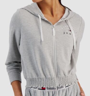 Tommy Jeans Women's Gray Smocked-Waist Zip-Up Hoodie Sweater Size M