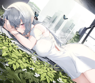 Anime girls white dress gray hair purple eyes looking at Custom Gaming Mat Desk