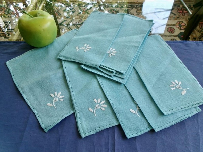 Set 12 Vintage Italian Hand Embroidered Turquoise Blue Linen Cocktail Napkins 7"