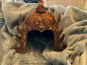 Decorative Medieval Reproduction Metal Helmet, Brown & Gold Floral Pattern