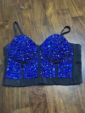 Shiny Blue Beaded Bustier Corset Crop Top Size Small