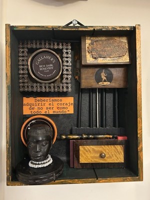 Einzigartige Montage Kunst Vintage Holz schrullig Schattenkasten Mann Statue Fundstücke