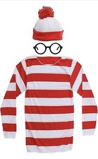 NEW Where's Waldo Shirt Glasses Hat Halloween Costume Set Adult Size Large COSPL