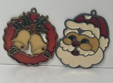 2- Christmas Sun Catchers Stained Glass Christmas Wreath  Santa Claus Vintage
