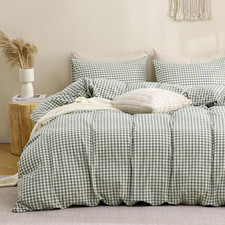 Green Gingham Duvet Cover Bedding Set 100 Washed Cotton like Linen Feel Super S
