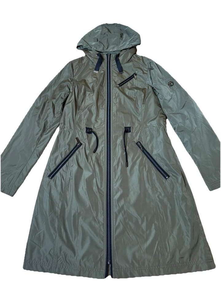 T Tahari Mujer Verde L/S Capucha Cremallera Completa Bolsillos Trench Abrigo de Lluvia Talla Pequeña Foto 2 de 4