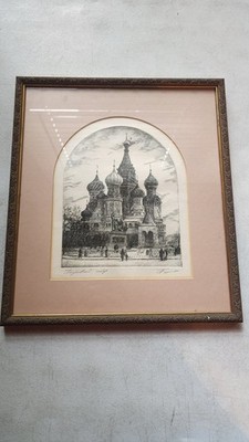 Vintage St. Basil's Cathedral Moscow Etching Print Signed '90 Custom Framed Art
