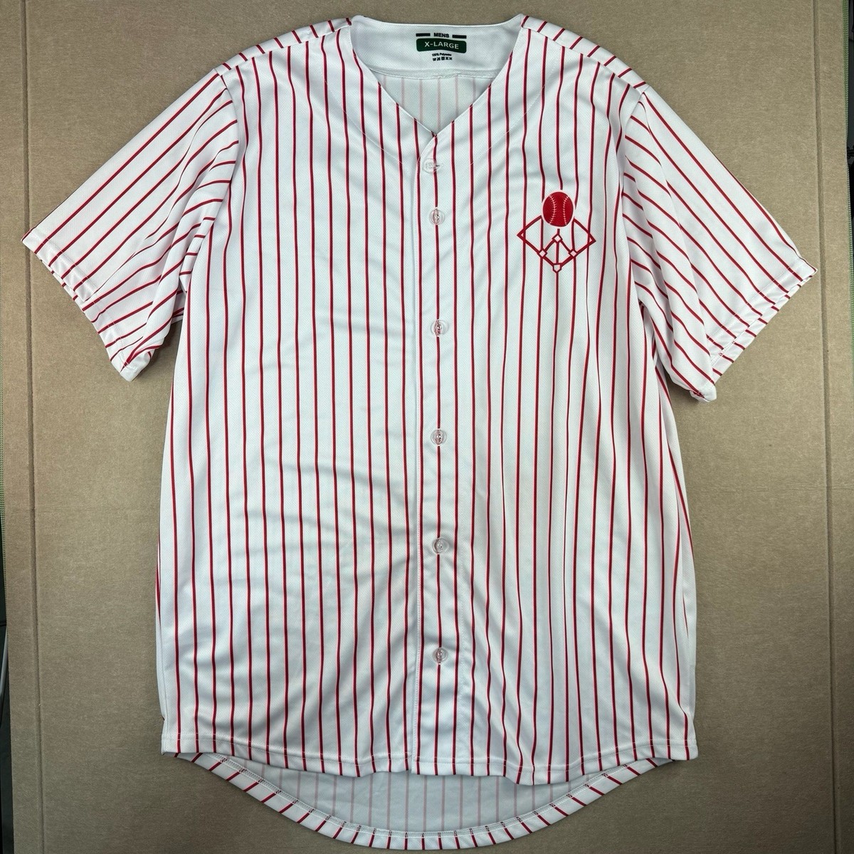 Men's Baseball Jersey Shirt XL Red White Pinstripe V-Neck Button