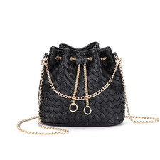 LEGVAEY Women's Leather Woven Small Bucket Bag (Fashionably Simple) (Black)