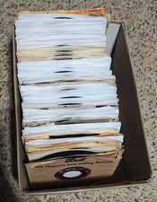 Box Lot Of 192 Vintage 45 RPM Vinyl Record Singles with Paper Sleeves, With List