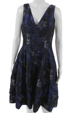 Halston Heritage Womens Fit & Flare Dress Black Floral V-Neck Sleeveless Size 8