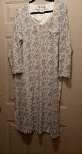 Earth Angels Night Gown Long White/Blue Floral Long Sleeve Lace Trim Pocket SZ L