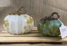 Transpac Glass Dots & Streaks Pumpkins S/2 Brand New
